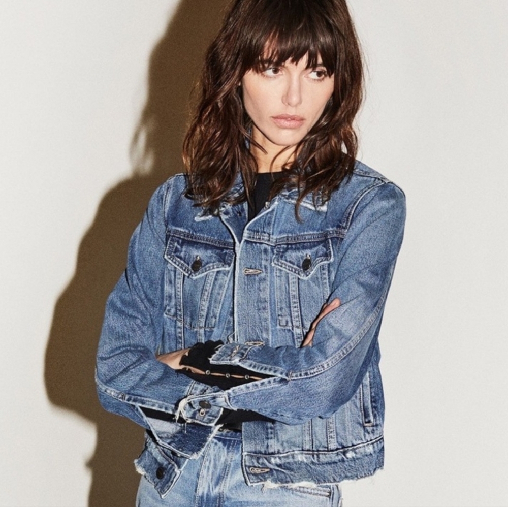 Current/Elliott Baby Trucker Denim Crop Jacket In Light Vintage Wash Sz Small/4